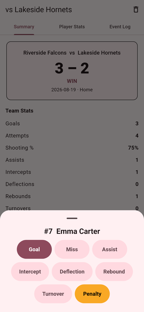 Netball Stats イベント選択 — Goal・Miss・Interceptなどのボタン